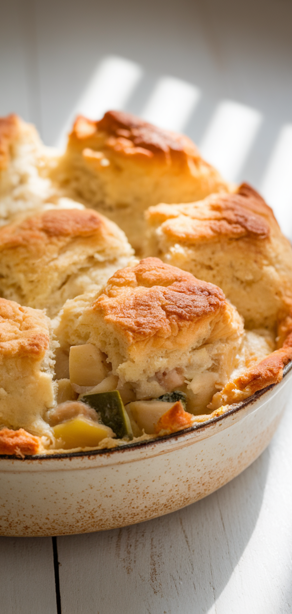 Hands dropping biscuit dough on top of creamy chicken filling before baking