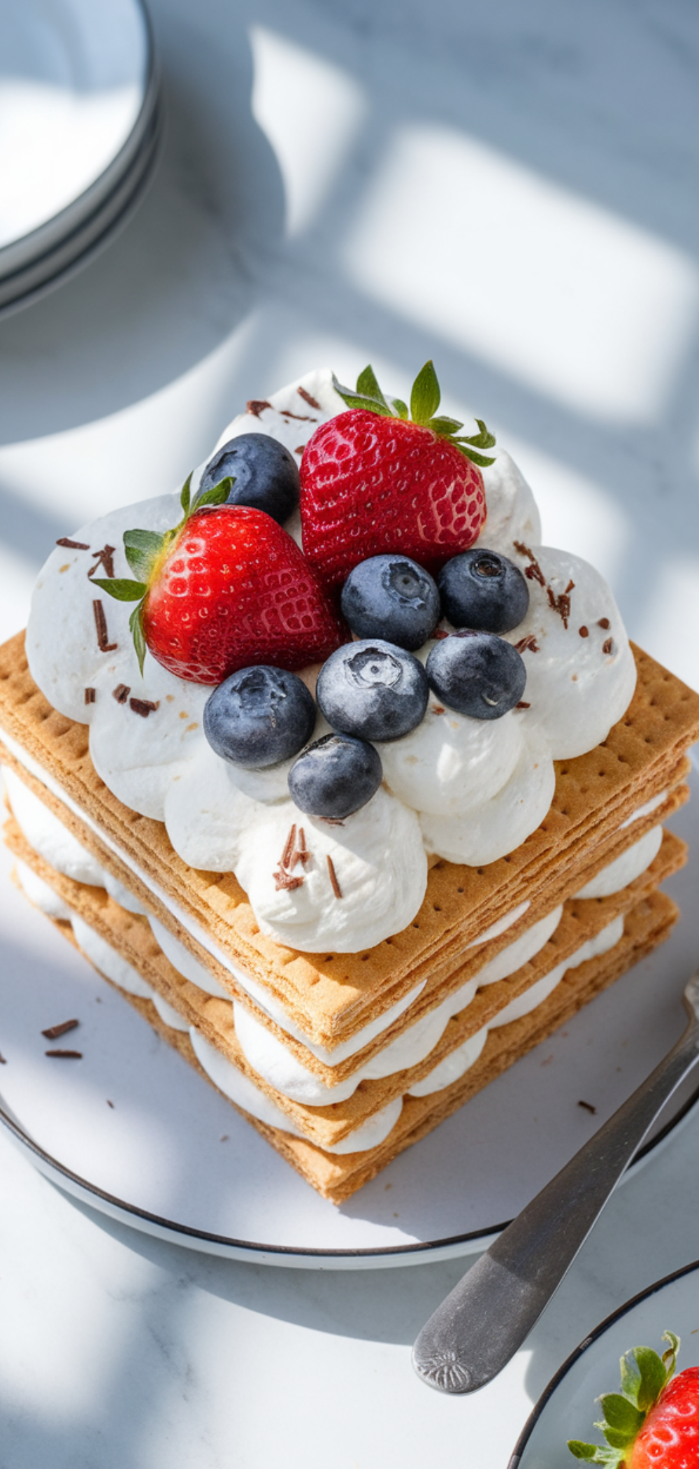 Icebox Cake A simple no-bake dessert made with layers of graham crackers, fluffy whipped cream, and fresh berries, chilled until the cookies soften into a cake-like texture for a creamy, refreshing treat.