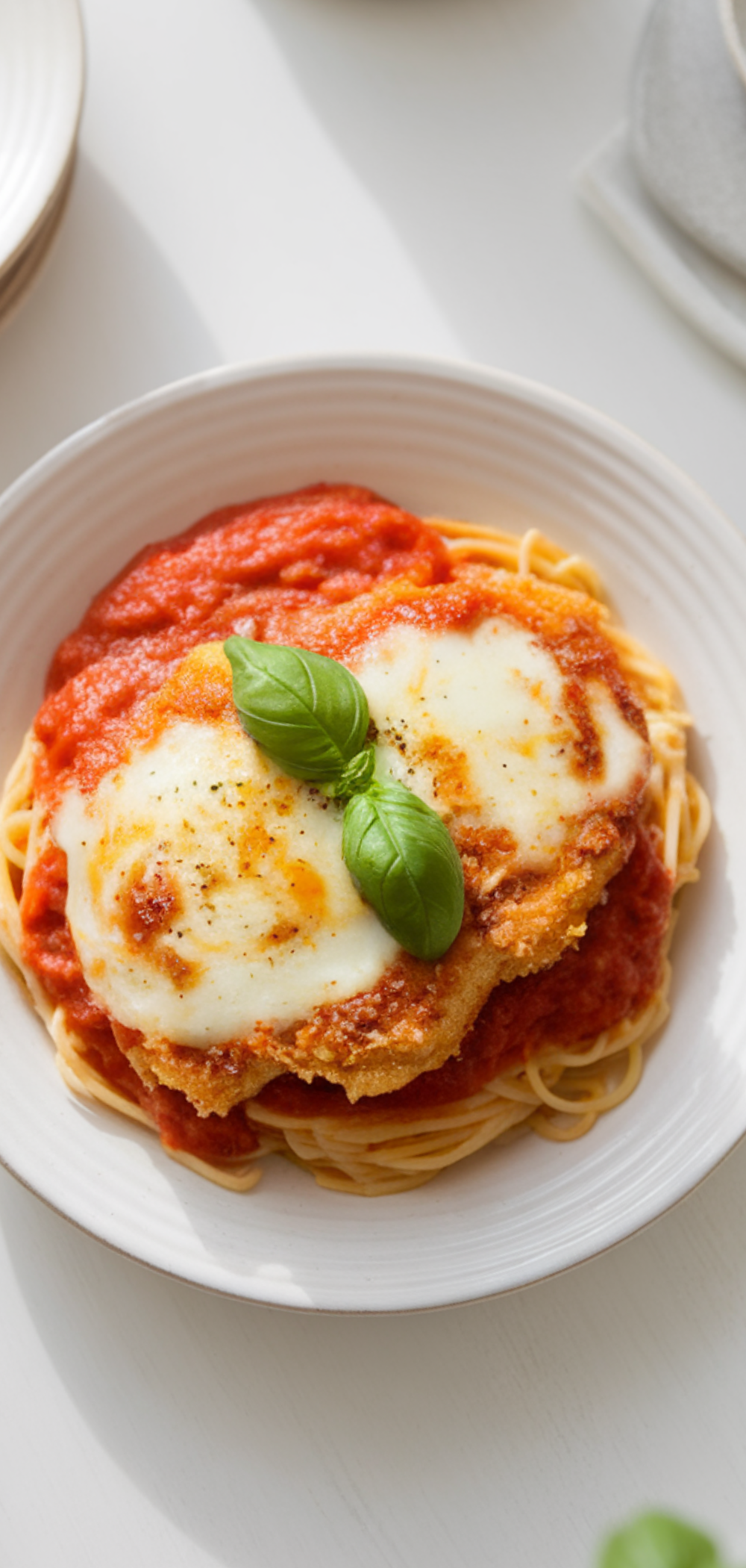 “Serving of easy chicken parmesan with spaghetti on a white table and soft natural lighting.”