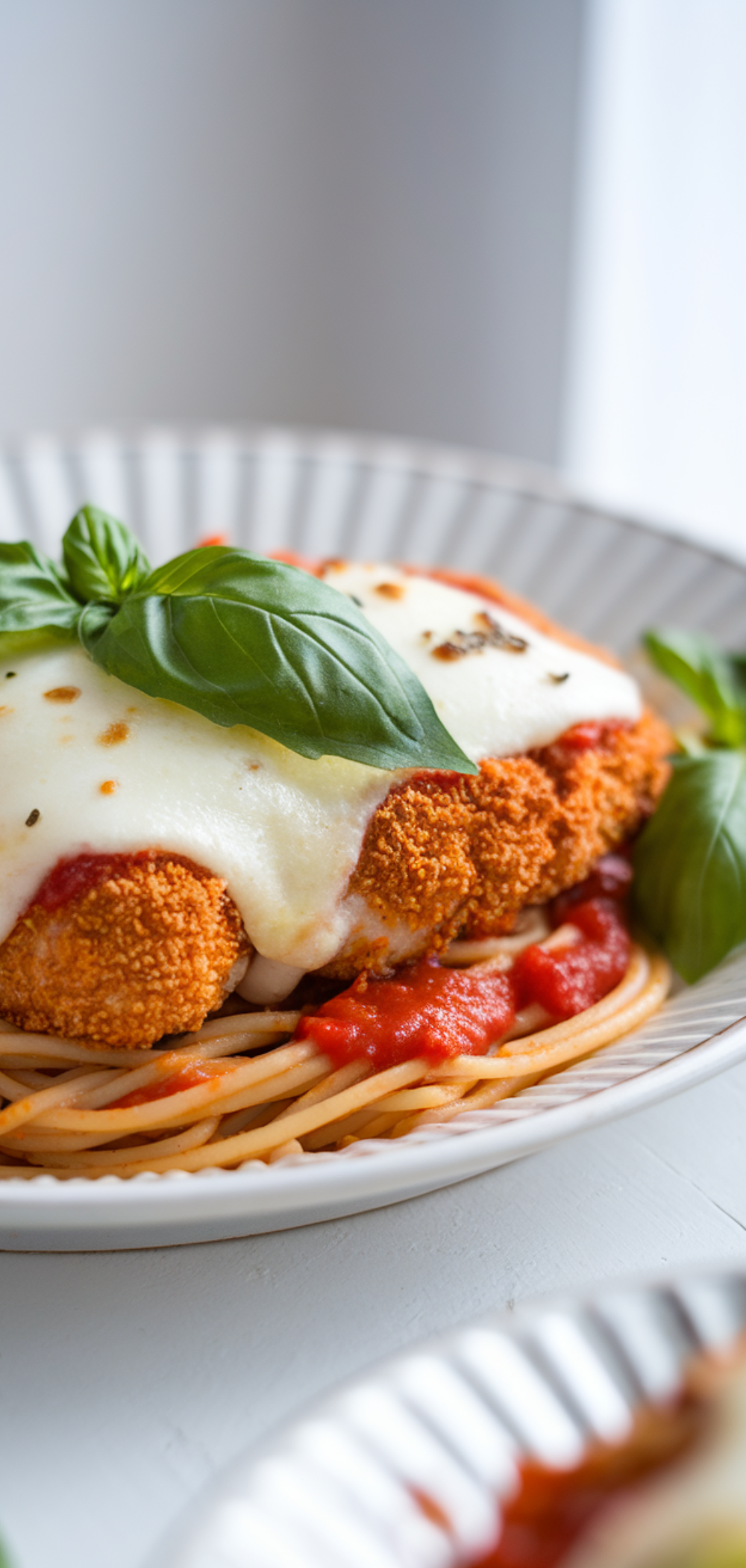 “Chicken parmesan fresh out of the oven with melted cheese and basil garnish.”