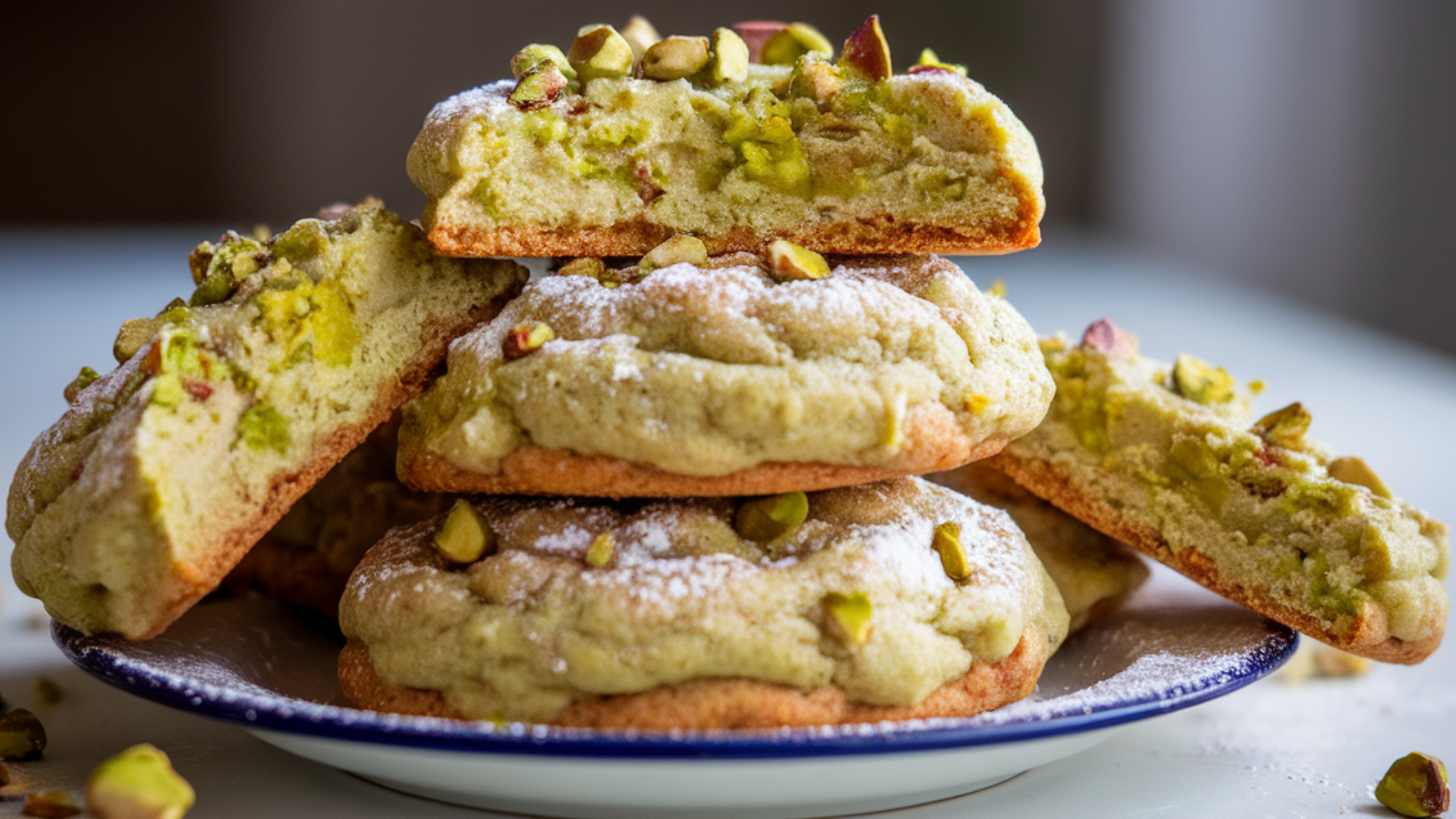 "Homemade pistachio pudding cookies arranged neatly with a glass of milk in the background."