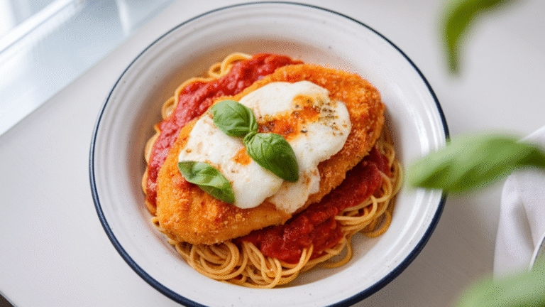 “Crispy breaded chicken parmesan topped with melted mozzarella and marinara sauce on a white plate.”