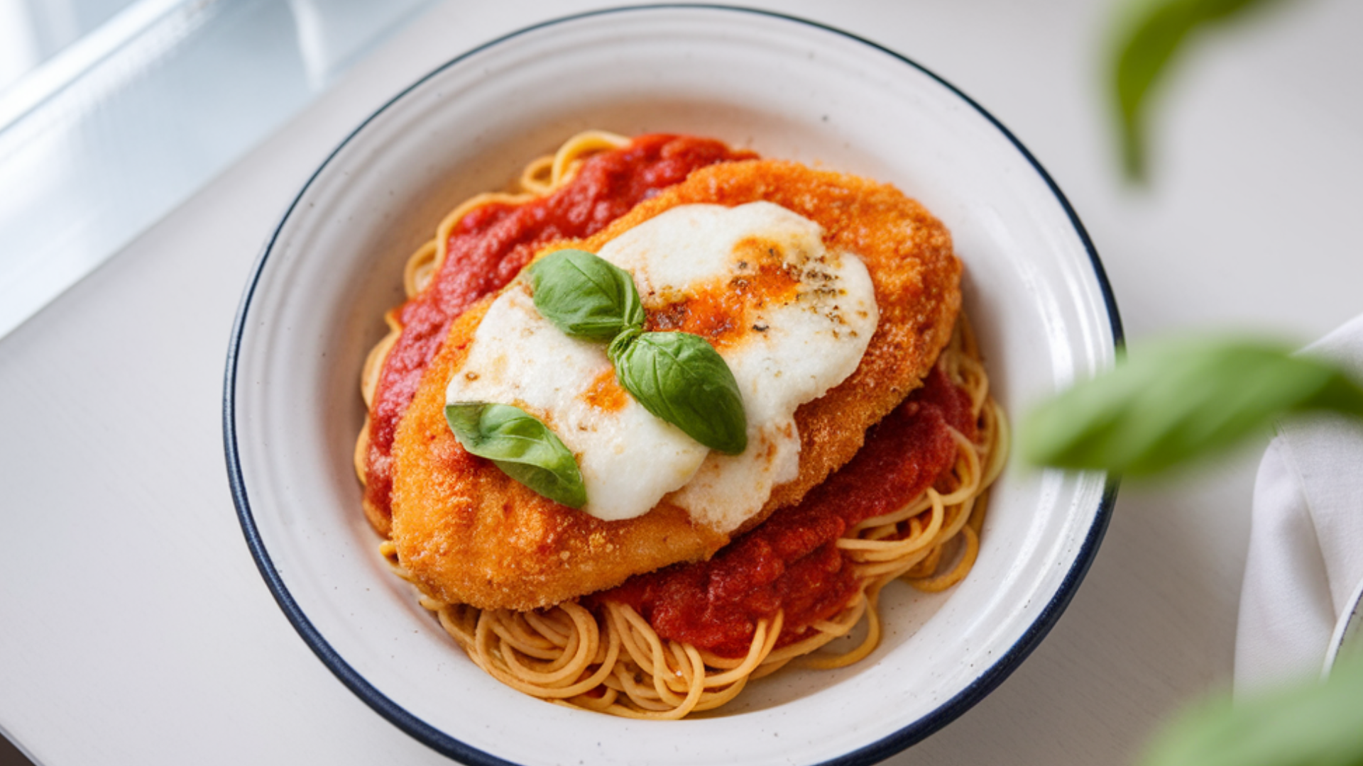 “Crispy breaded chicken parmesan topped with melted mozzarella and marinara sauce on a white plate.”