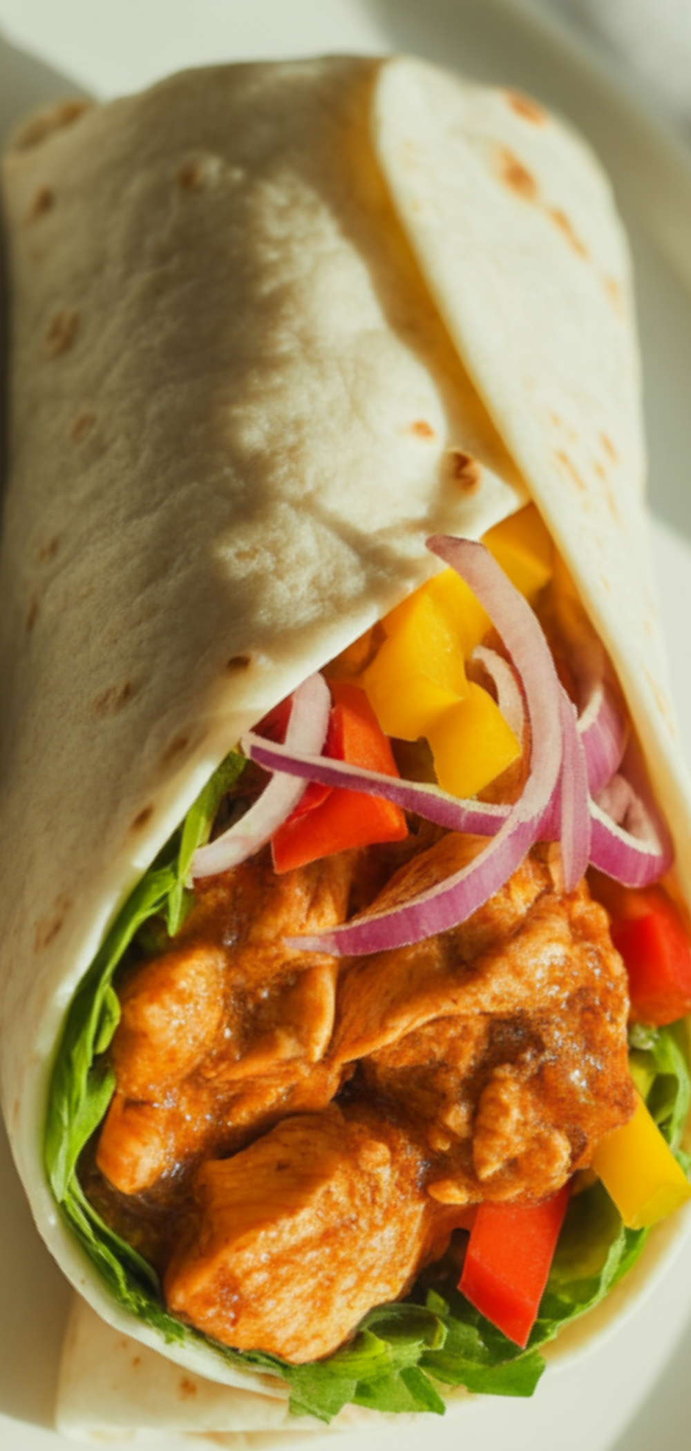 Chili Chicken Wrap on a white plate with tender chicken strips, colorful bell peppers, onions, and fresh lettuce, slightly open to show filling, with a small bowl of chili sauce on the side, bright natural lighting, food blogger style