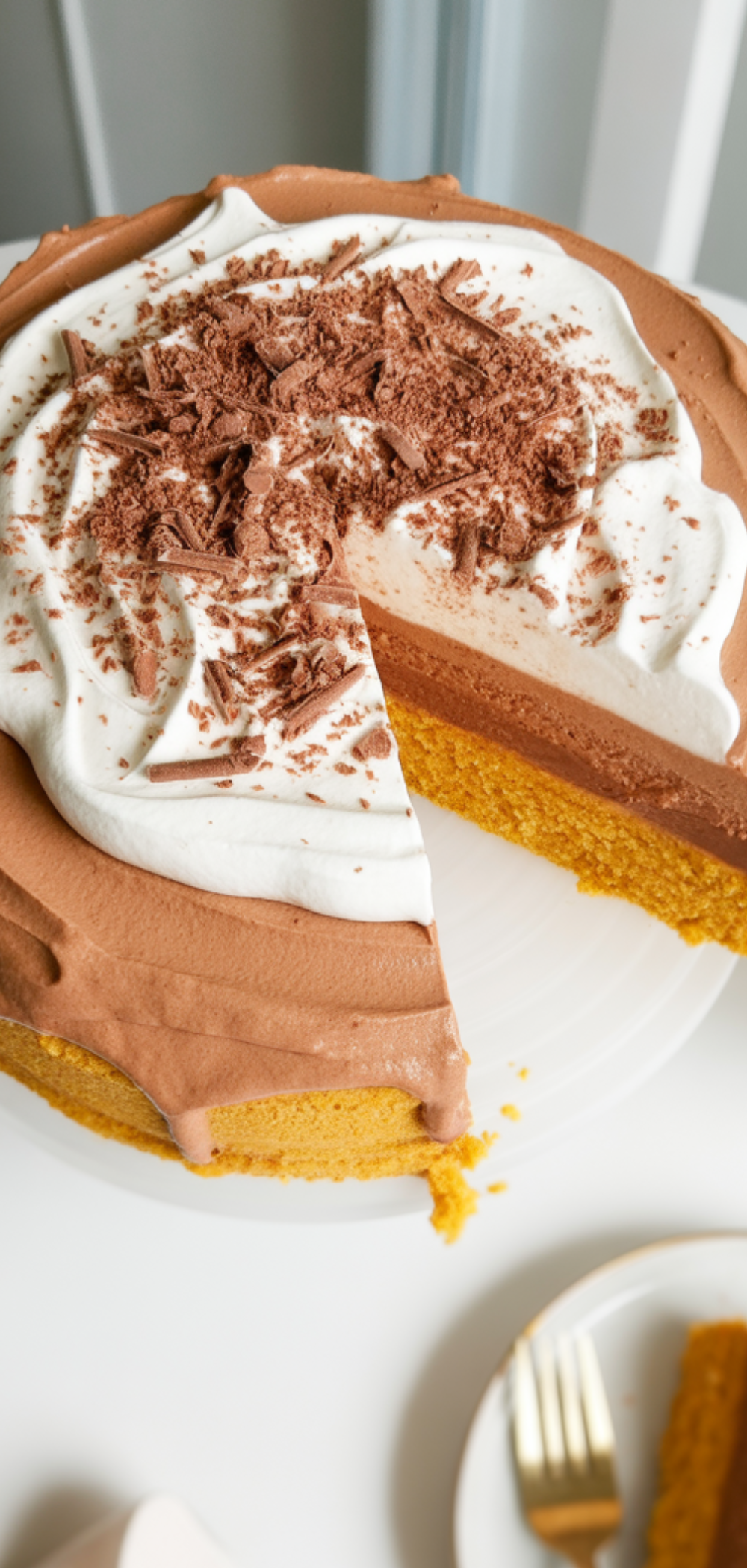 Pumpkin Chocolate Mousse Cake with golden pumpkin sponge, chocolate mousse layer, and whipped cream topping on a white plate, bright natural lighting