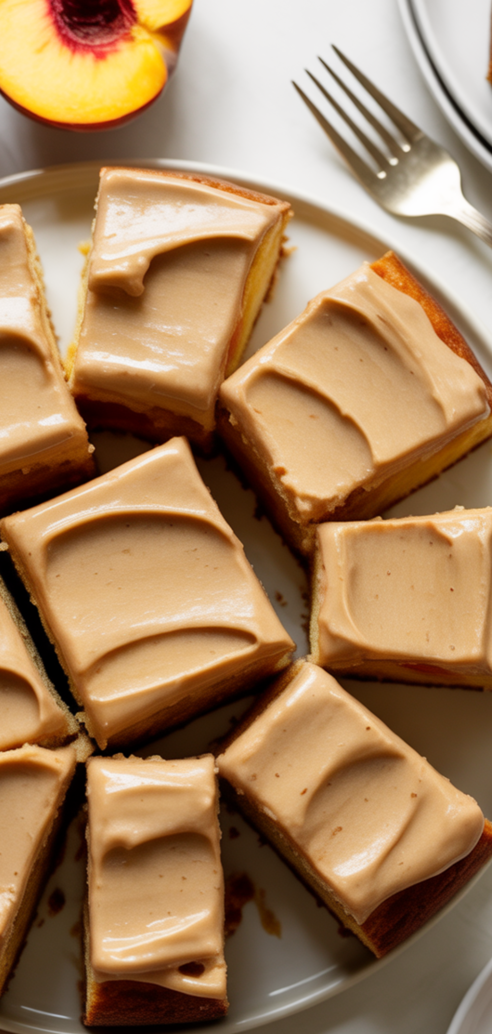 “Whole peach cake with brown sugar glaze styled with fresh peaches around.”