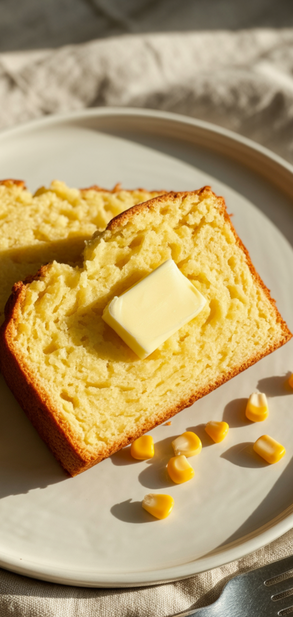 "Homemade Potato Cornbread with corn kernels on top, served on a clean white table, rustic napkin beside."