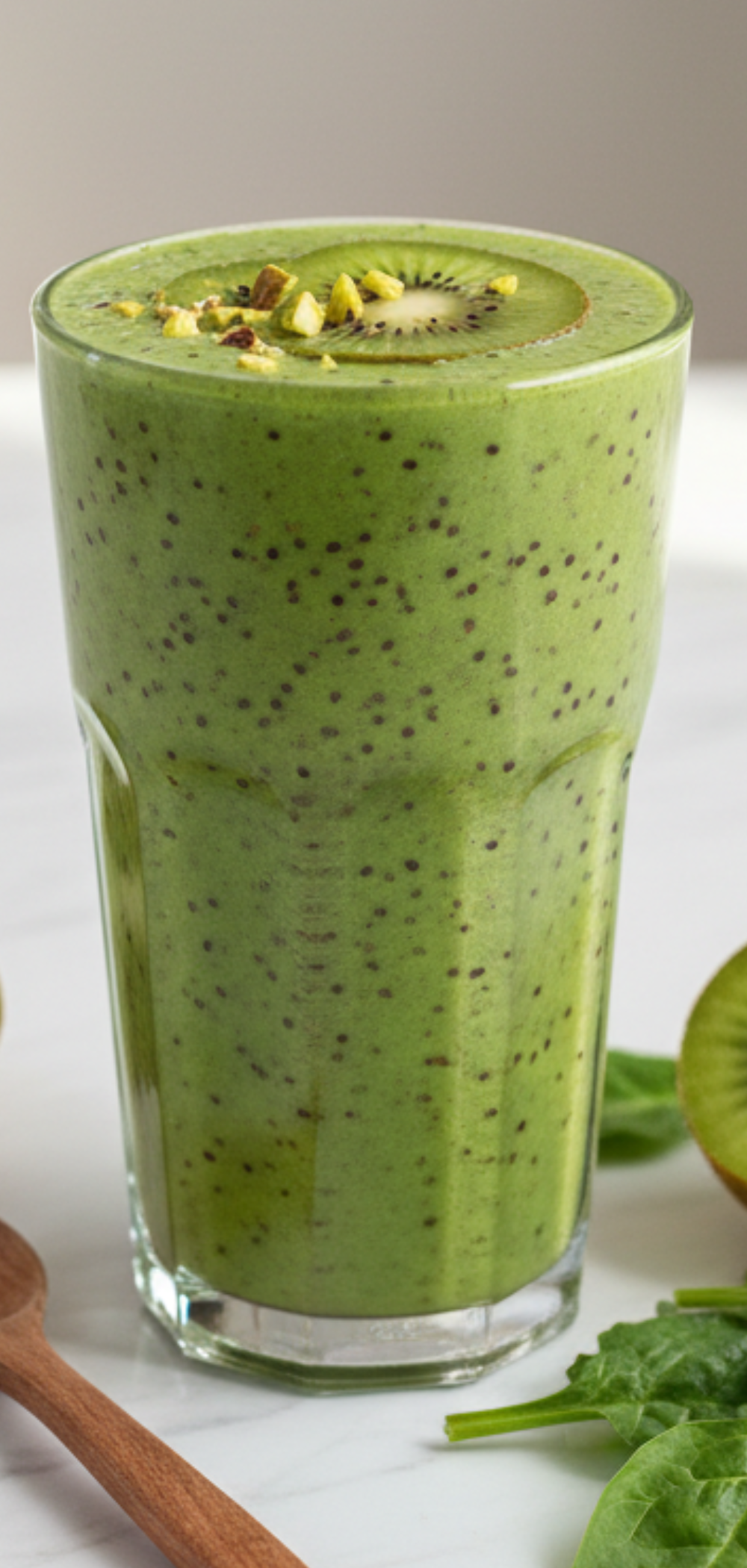 Close-up of a green smoothie made with kiwi, spinach, and banana, styled with natural daylight and a minimalistic background.