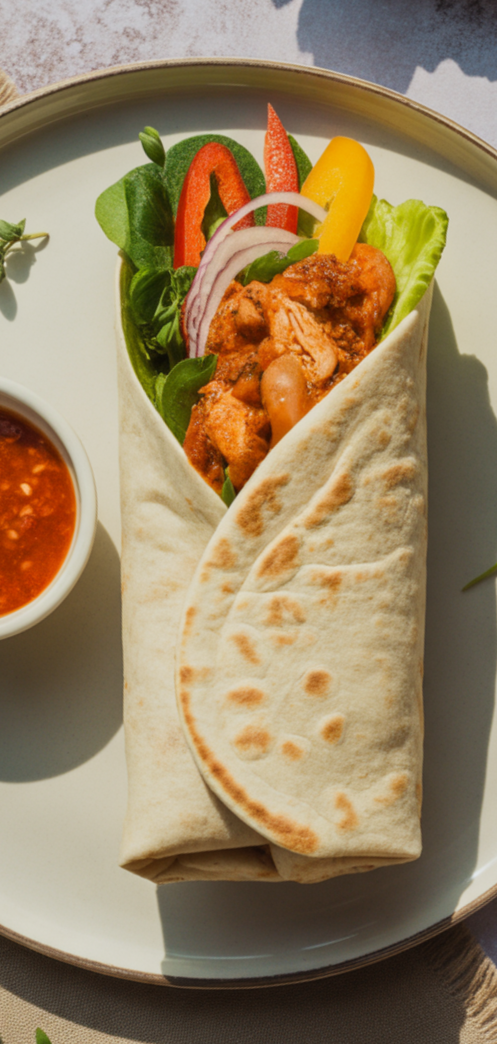 Chili Chicken Wrap on a white plate with tender chicken strips, colorful bell peppers, onions, and fresh lettuce, slightly open to show filling, with a small bowl of chili sauce on the side, bright natural lighting, food blogger style