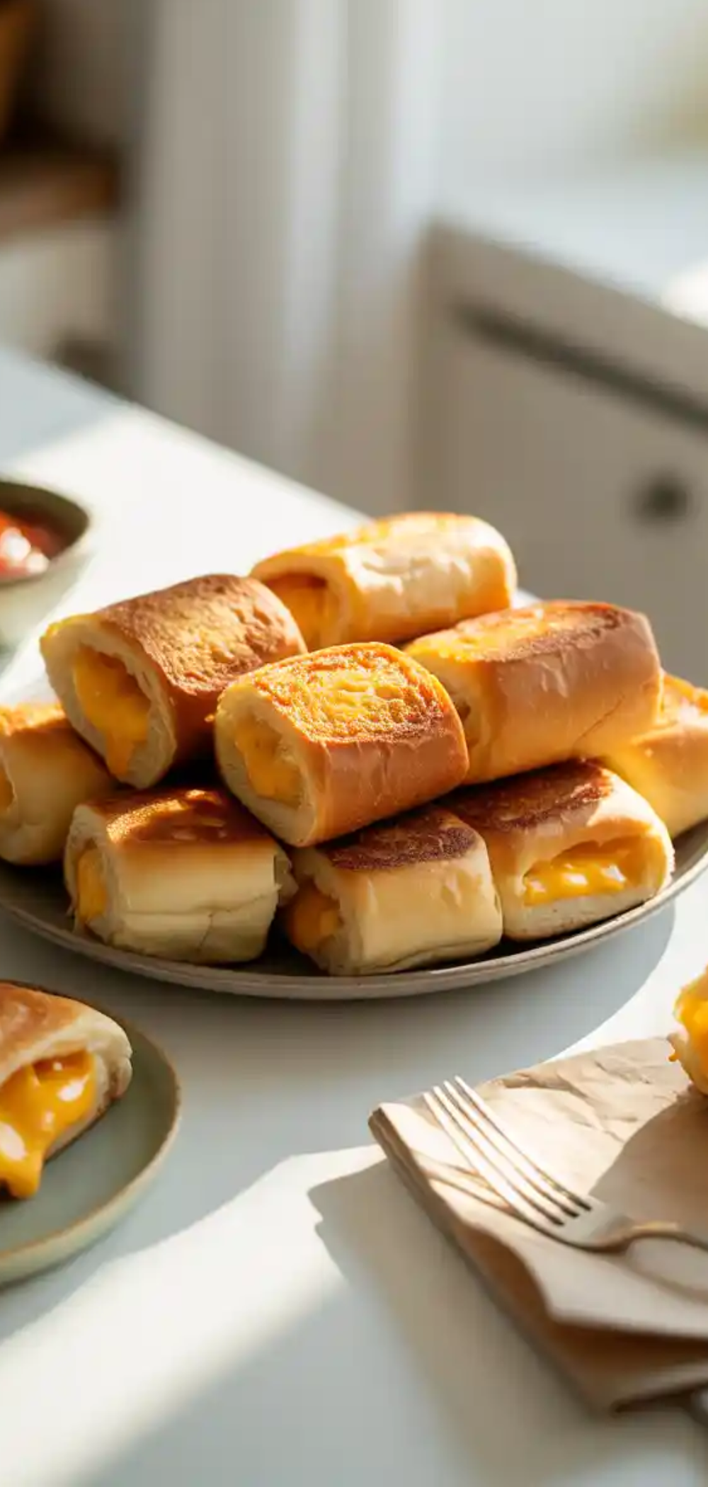 Golden brown grilled cheese roll ups on a white plate with melted cheese inside, styled with natural light on a clean white table