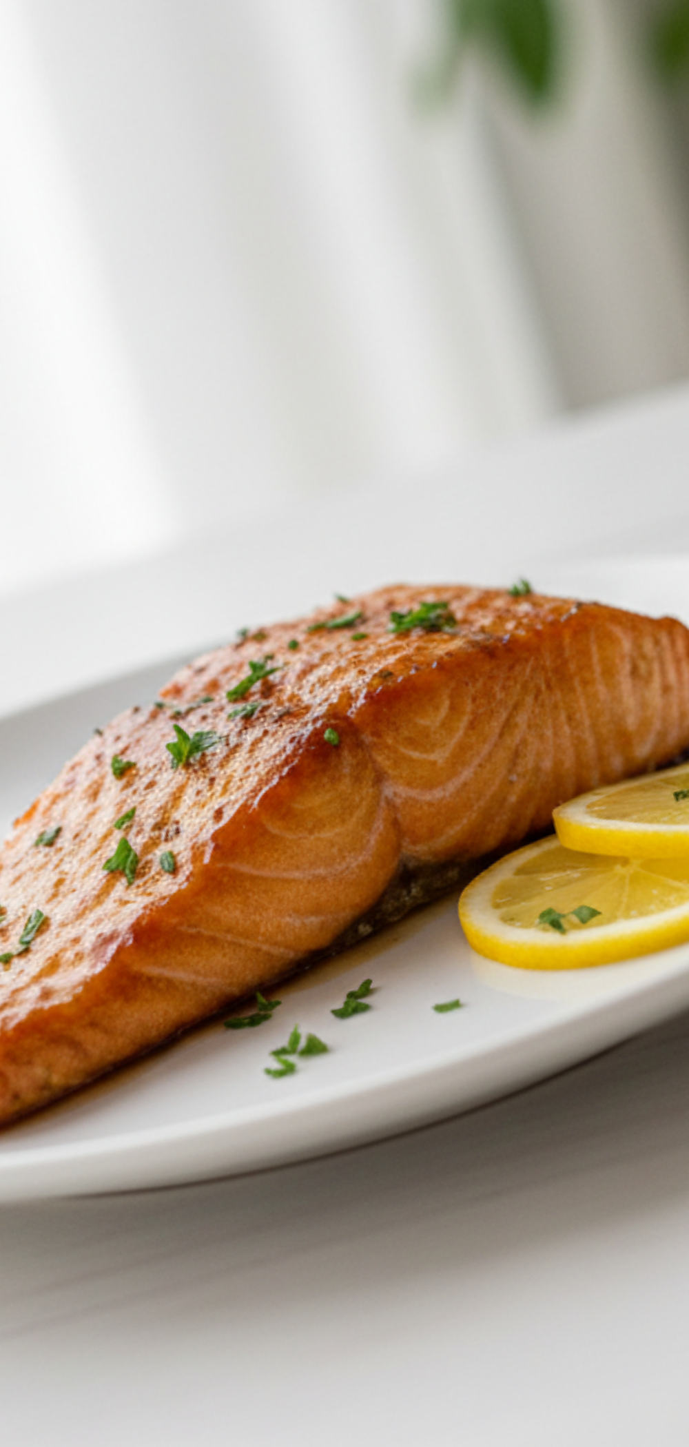 “Golden maple bourbon glazed salmon served on a white plate with fresh parsley garnish and lemon wedges, bright natural light on white table.”