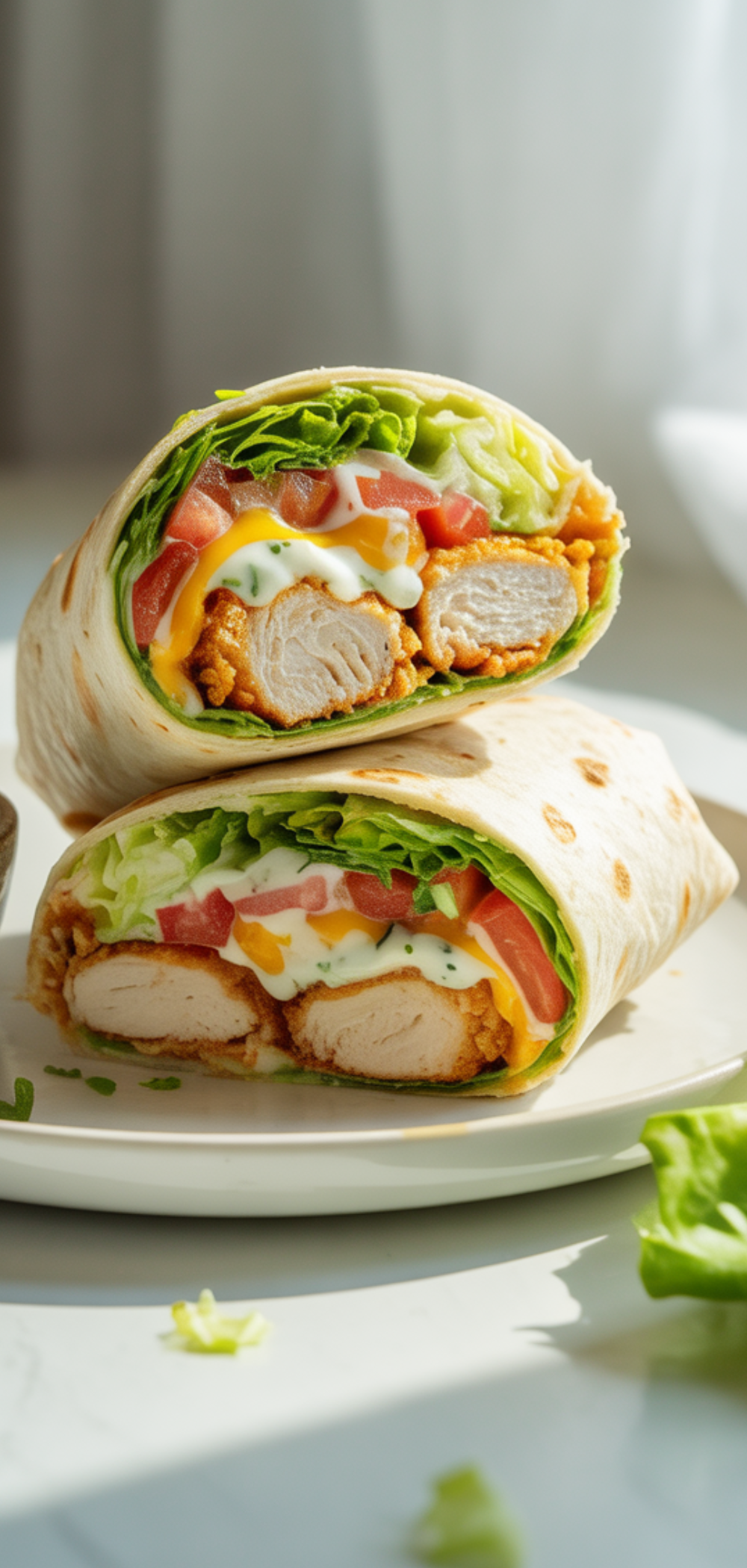 Crispy chicken ranch wrap cut in half on a white plate showing lettuce, tomato, cheese, and ranch dressing.