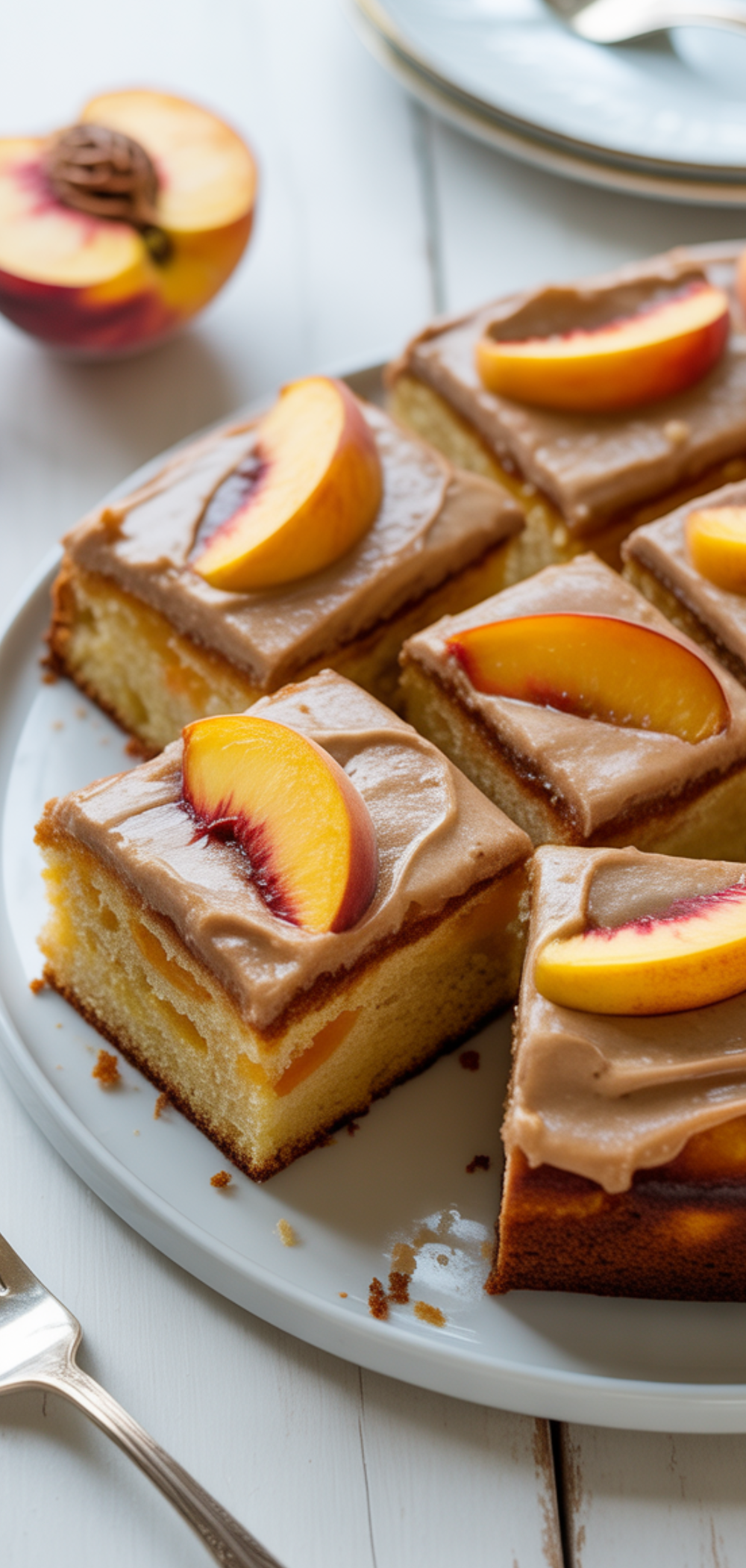 “Homemade peach cake squares with caramel-like frosting served on a bright white table.”

