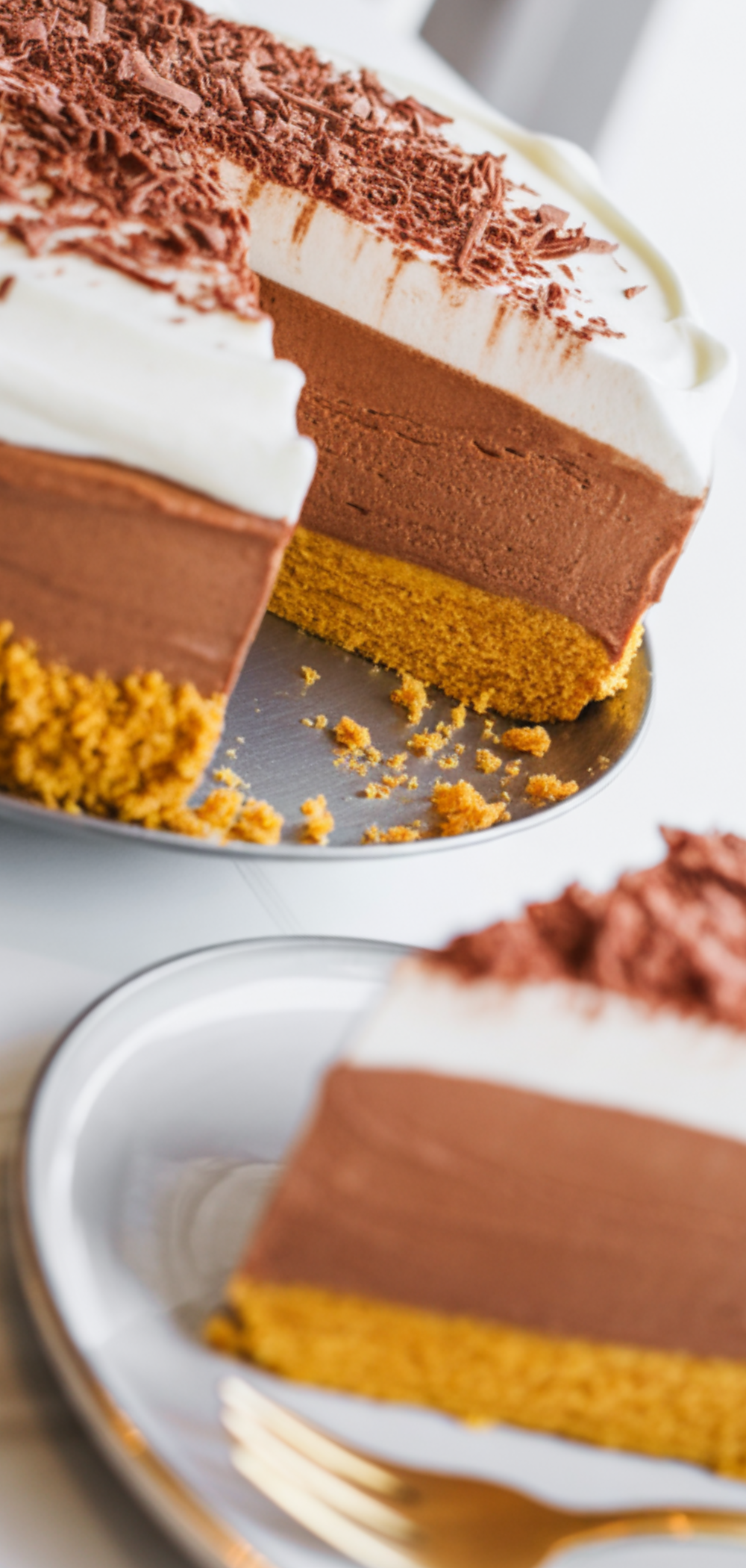 Close-up slice of Pumpkin Chocolate Mousse Cake showing three layers with chocolate shavings on top, served on a white plate with a fork