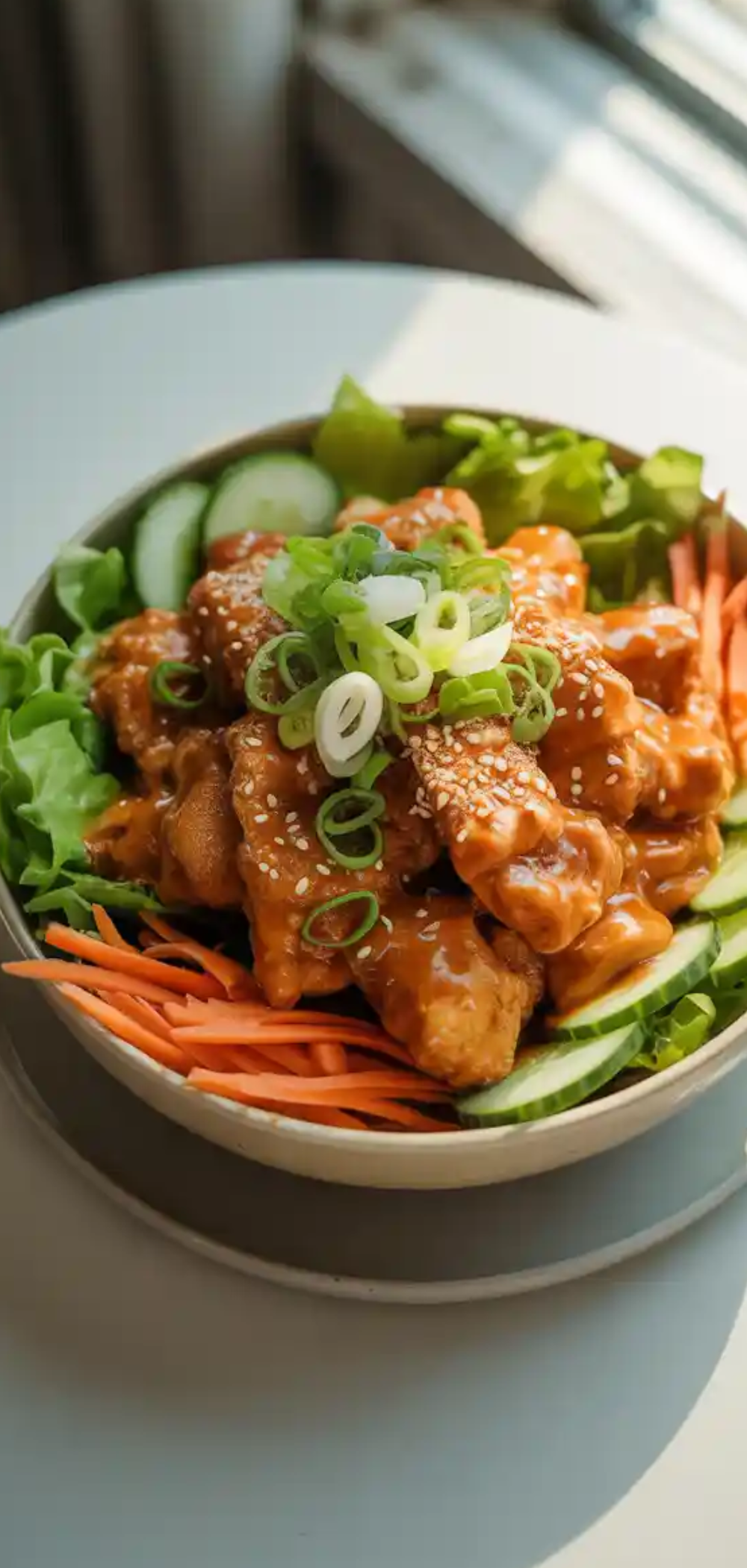 2: Close-up of a colorful Bang Bang Chicken Bowl with sesame seeds and green onions sprinkled on top, surrounded by fresh vegetables, styled like a food blogger photo.