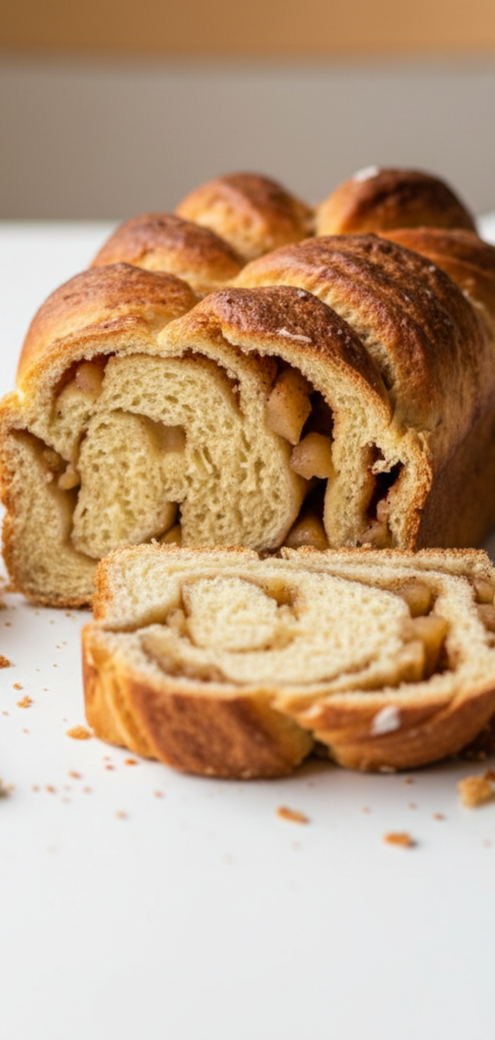“Braided Apple Cinnamon Babka loaf with shiny glaze on white marble surface, slice revealing the inside, styled with scattered apple slices and cinnamon sticks”