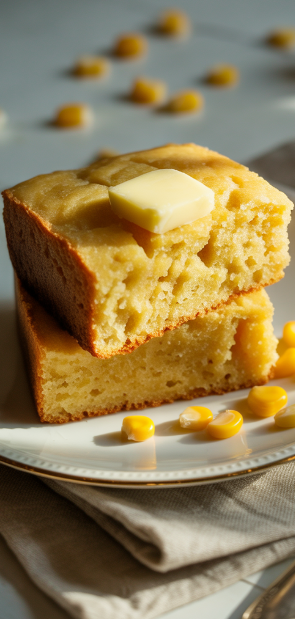 "Soft and moist Potato Cornbread fresh from the oven, cut into squares, side view with warm lighting."