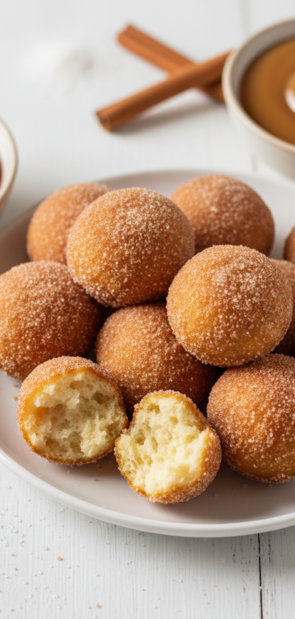 Warm churro bites straight from the air fryer, golden brown, with a soft inside and dusted with cinnamon sugar.