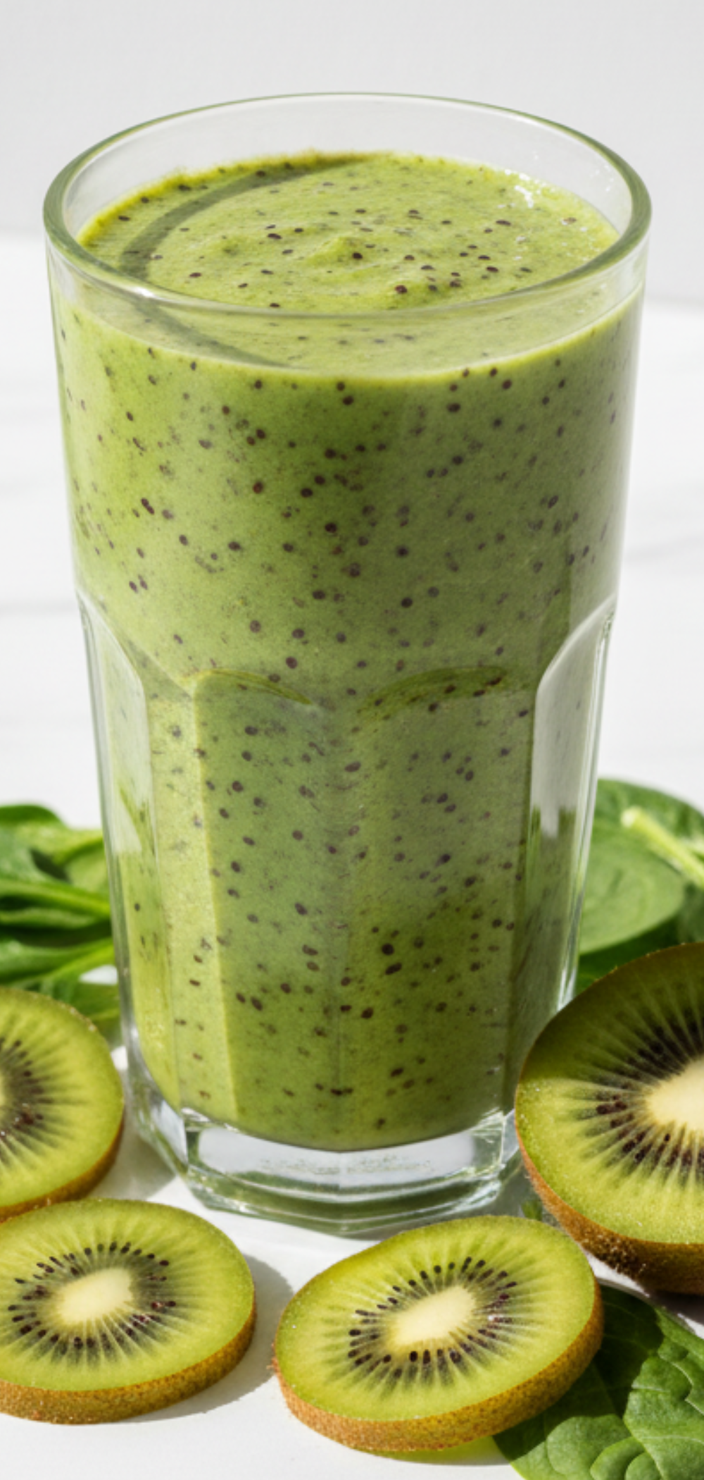 Vibrant Kiwi Spinach Smoothie served in a glass with a wooden spoon and scattered fresh ingredients on a clean surface.