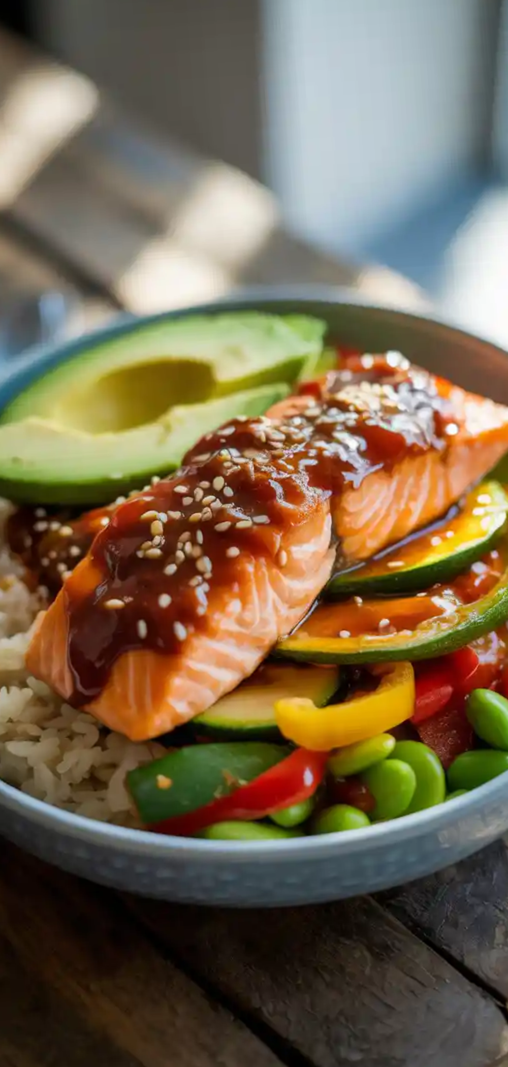 “Chili Salmon Bowl with rice and vegetables served in a white bowl, garnished with lime and sesame seeds”