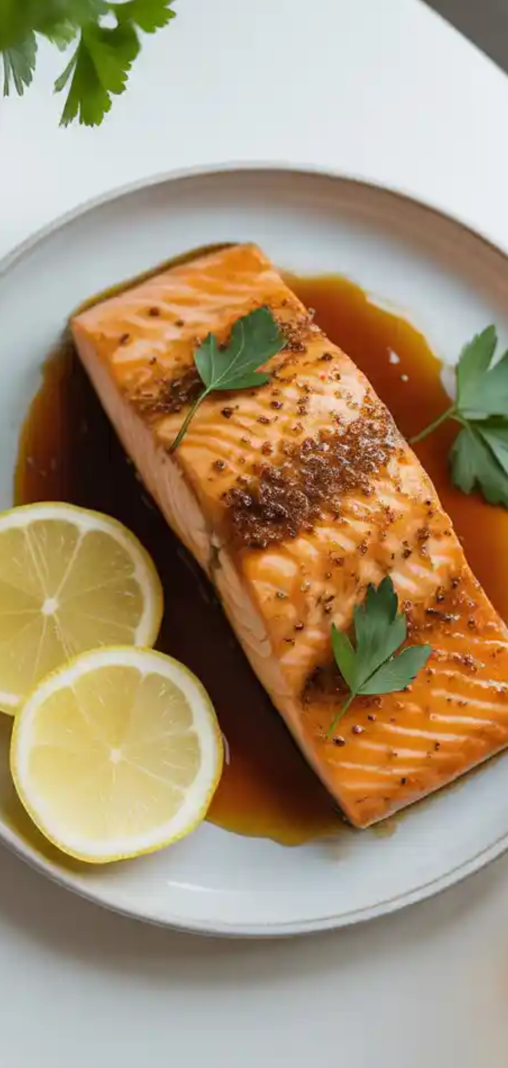 “Close-up of caramelized salmon fillet with sticky maple bourbon glaze, food blogger style with airy background and natural lighting.”