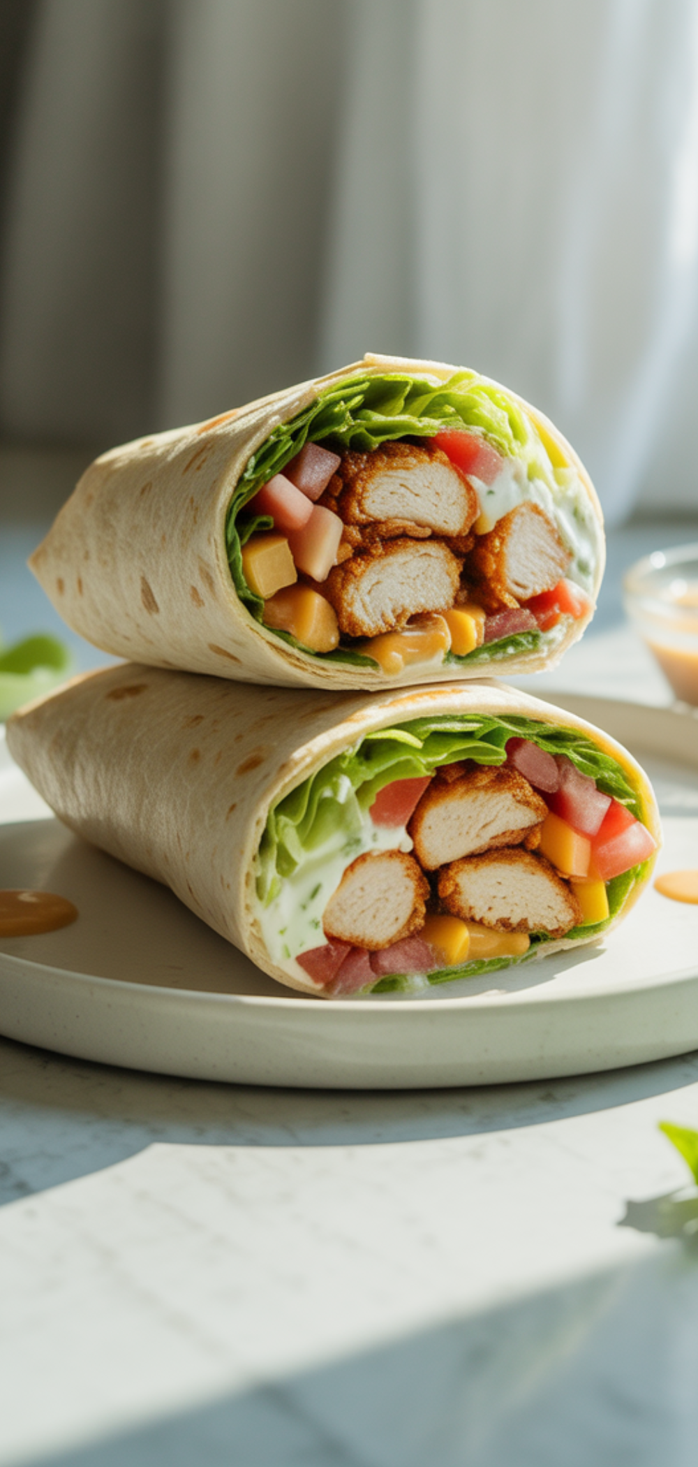 Close-up of a tortilla wrap filled with golden chicken tenders, fresh veggies, and creamy ranch.