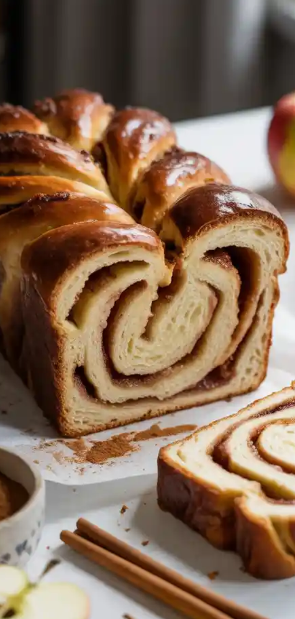 “Close-up of a slice of Apple Cinnamon Babka Bread on white plate, showing soft and fluffy texture with cinnamon-apple filling, cozy home-baking vibe”