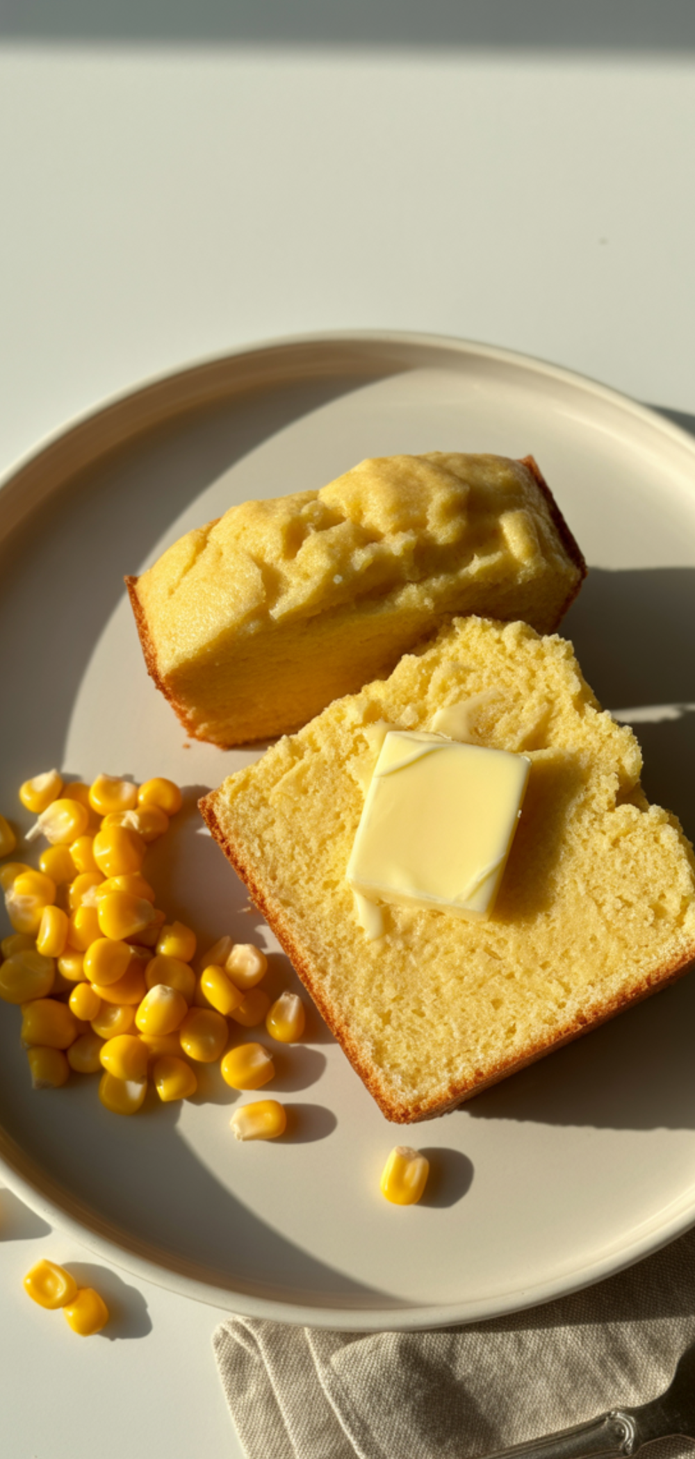 "Delicious Potato Cornbread on a plate, slice lifted slightly, butter melting on top, minimalist food styling."