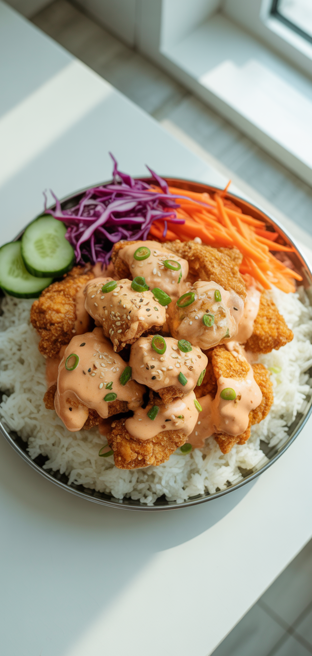 A Bang Bang Chicken Bowl with crispy golden chicken bites drizzled in creamy pink-orange sauce served over white rice with shredded carrots, purple cabbage, and cucumbers on a white table.