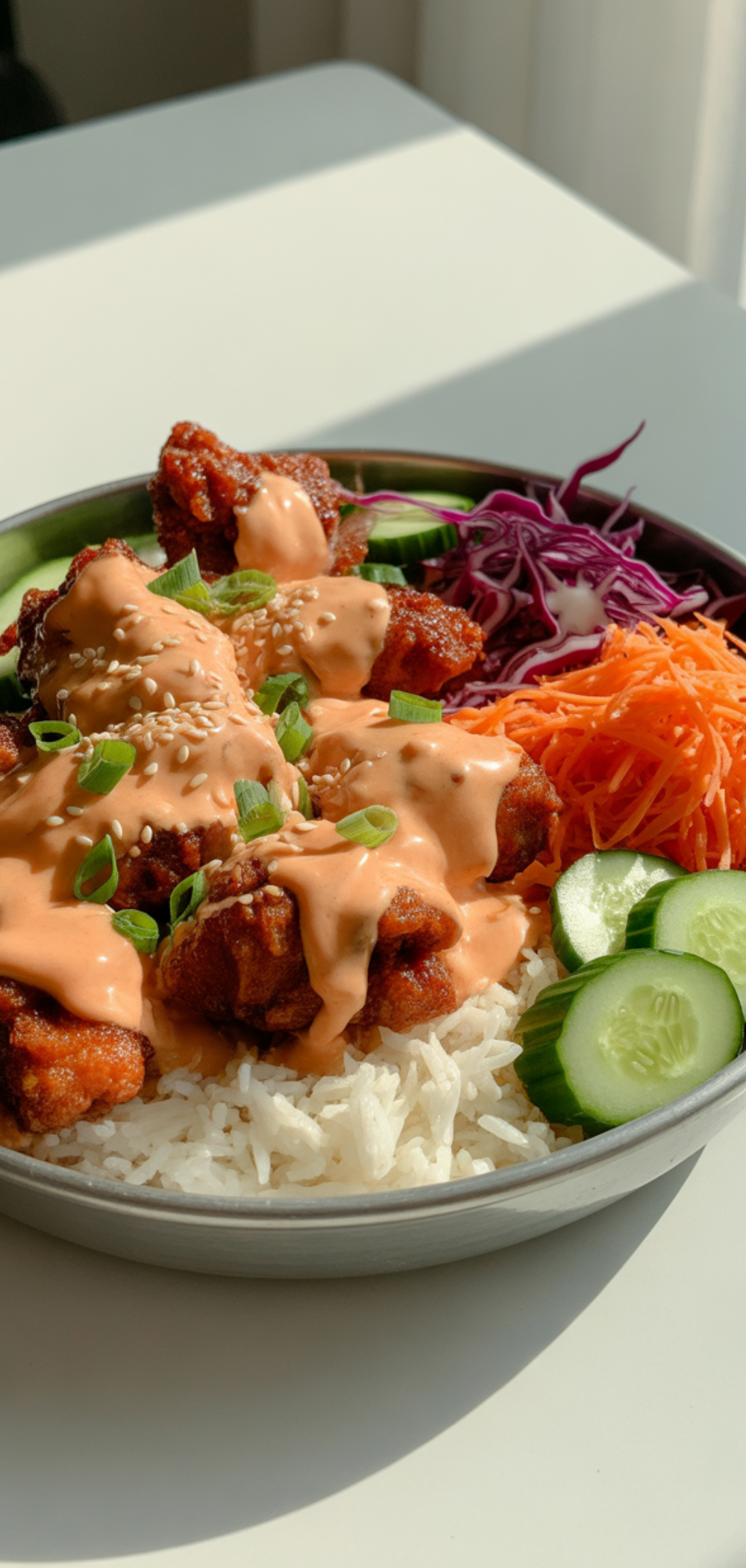 Close-up of a Bang Bang Chicken Bowl showing crunchy chicken pieces topped with sweet and spicy sauce and garnished with sesame seeds and green onions.