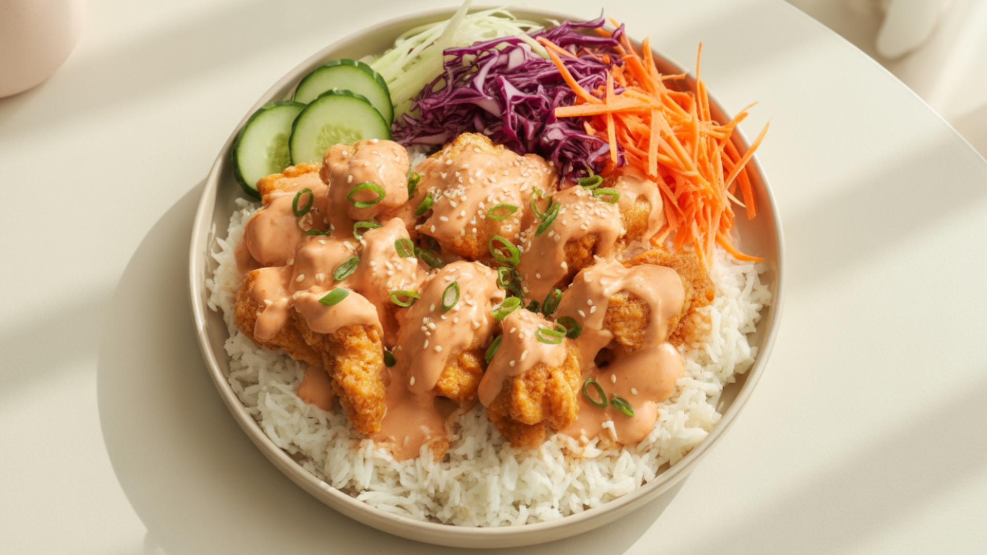 Freshly made Bang Bang Chicken Bowl styled in a ceramic dish with fluffy rice, colorful veggies, and crispy chicken covered in bang bang sauce on a bright white background.