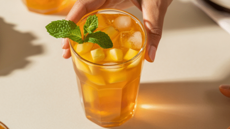 Glass of homemade mango iced tea with ice cubes, mint garnish, and mango slices on a white table.