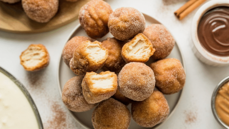 Golden Air Fryer Churro Bites coated in cinnamon sugar served on a white plate with chocolate and caramel dip.