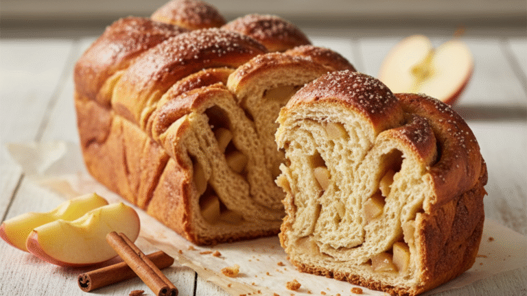 “Apple Cinnamon Babka on white table, one slice leaning against the loaf, apples and cinnamon around, warm natural light, inviting homemade bread”