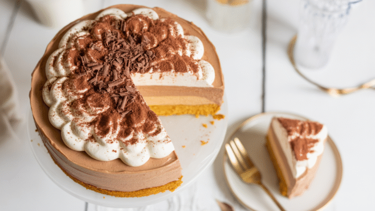 Whole Pumpkin Chocolate Mousse Cake on a white table, styled with autumn decor like small pumpkins and cinnamon sticks, cozy fall vibe