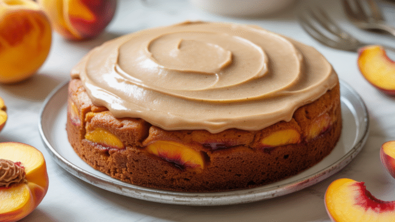 “Moist peach cake topped with creamy brown sugar frosting on a white plate with peach slices.”