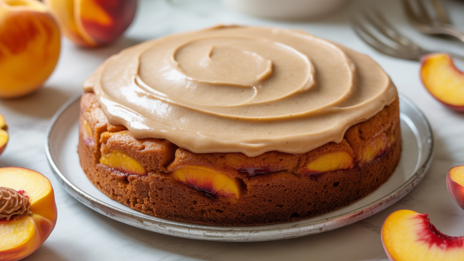 “Moist peach cake topped with creamy brown sugar frosting on a white plate with peach slices.”