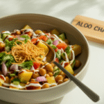A colorful bowl of Aloo Chana Chaat with golden boiled potatoes, chickpeas, chopped onions, tomatoes, cucumber, drizzled with tamarind and mint chutney, garnished with sev and fresh coriander, served on a white table with a silver spoon.