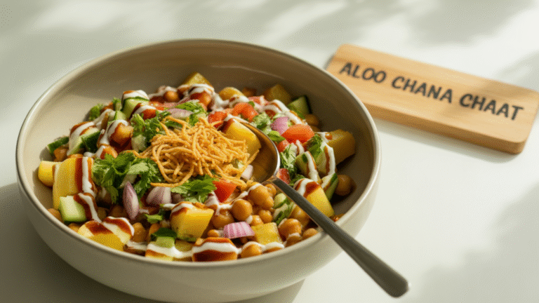 A colorful bowl of Aloo Chana Chaat with golden boiled potatoes, chickpeas, chopped onions, tomatoes, cucumber, drizzled with tamarind and mint chutney, garnished with sev and fresh coriander, served on a white table with a silver spoon.