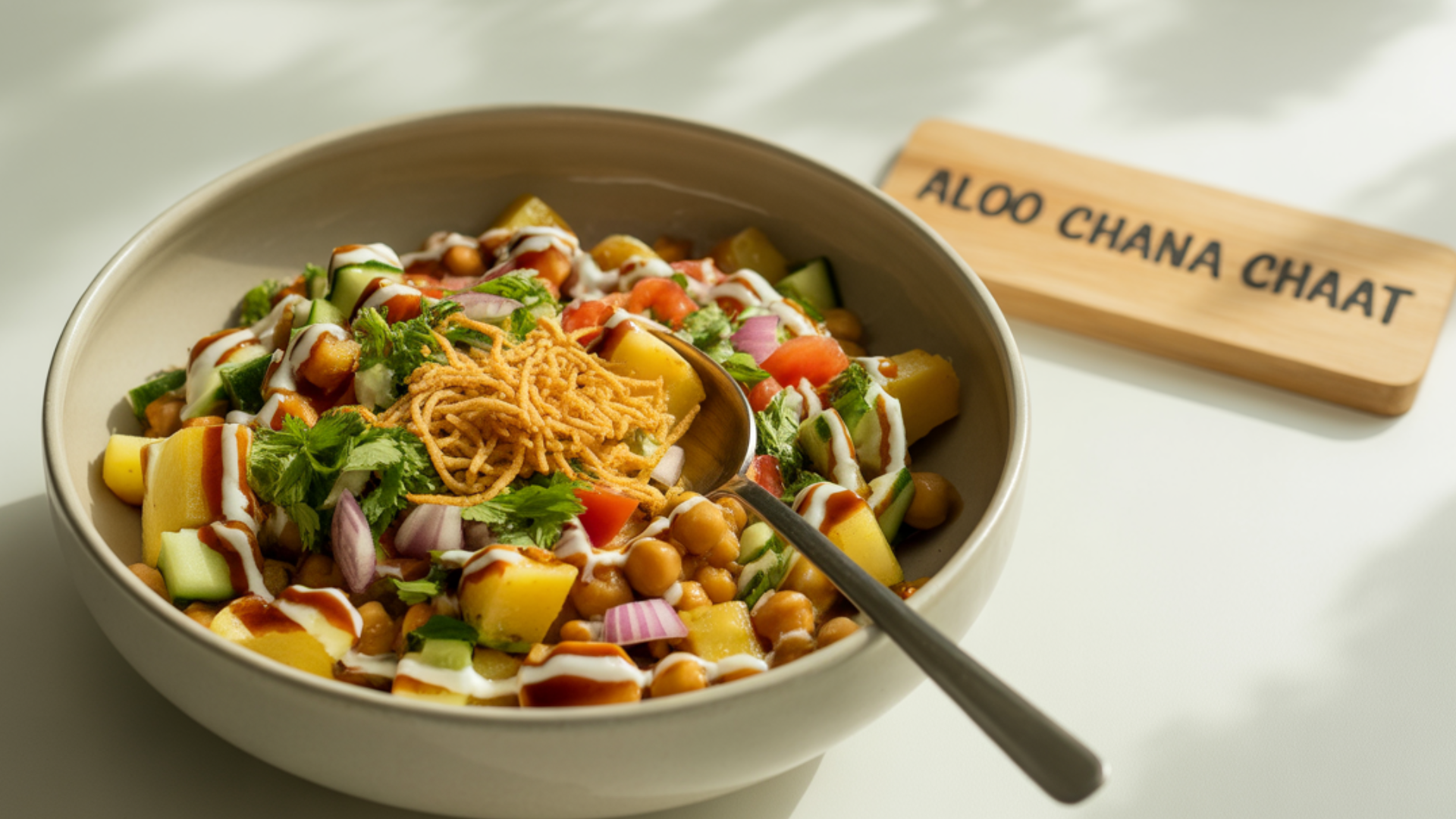 A colorful bowl of Aloo Chana Chaat with golden boiled potatoes, chickpeas, chopped onions, tomatoes, cucumber, drizzled with tamarind and mint chutney, garnished with sev and fresh coriander, served on a white table with a silver spoon.