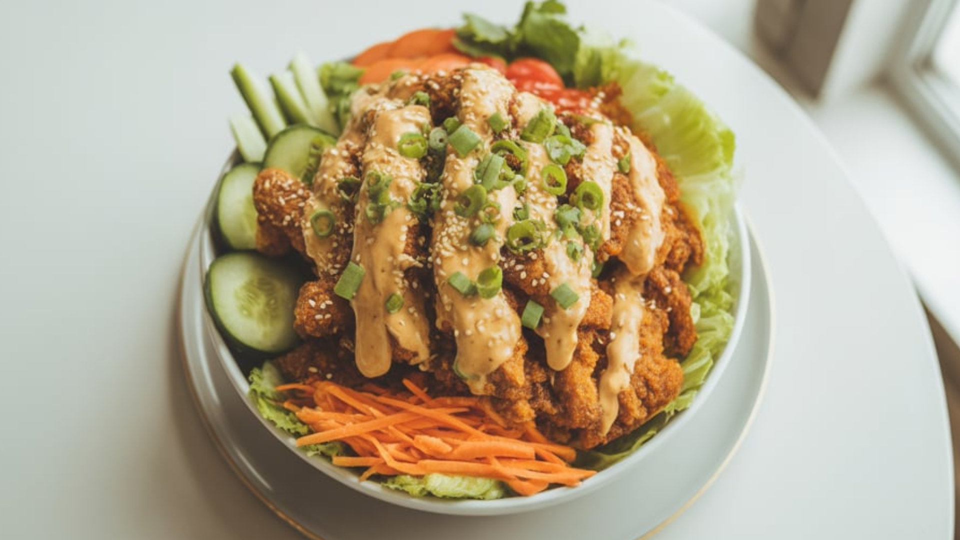 Fresh Bang Bang Chicken Bowl on a white plate, featuring tender chicken pieces, sweet-spicy sauce, shredded carrots, cucumber, and sesame seeds, styled for a recipe blog.