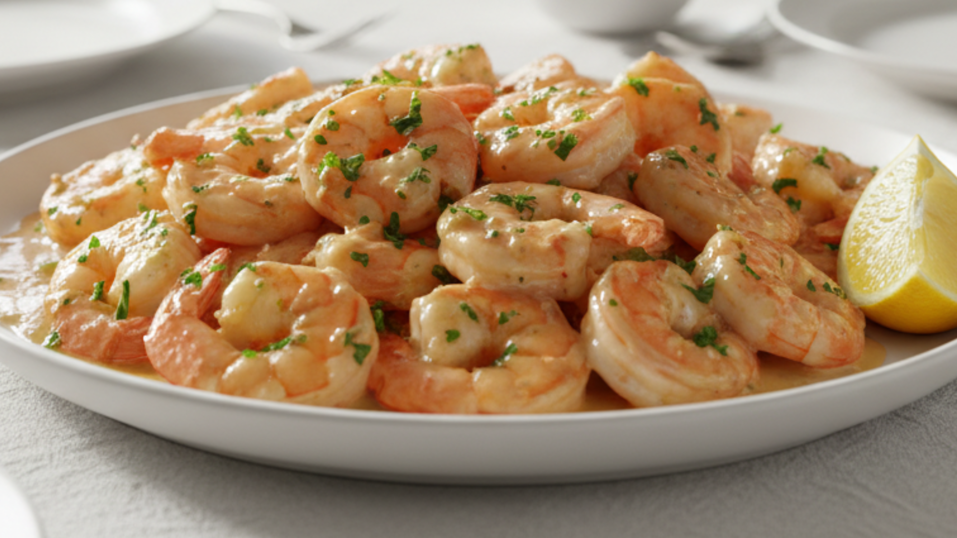 "Plate of creamy garlic shrimp with fettuccine pasta, garnished with fresh parsley and a slice of lemon, served on a white table with soft natural lighting, styled like a professional food blog photo"