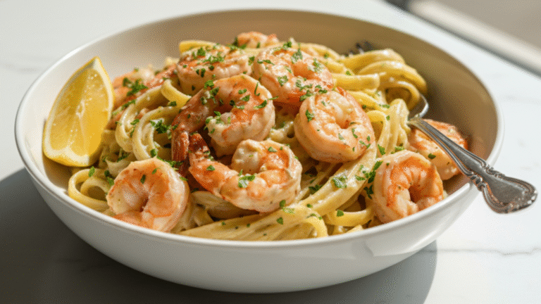 "Plate of creamy garlic shrimp with fettuccine pasta, garnished with fresh parsley and a slice of lemon, served on a white table with soft natural lighting, styled like a professional food blog photo"