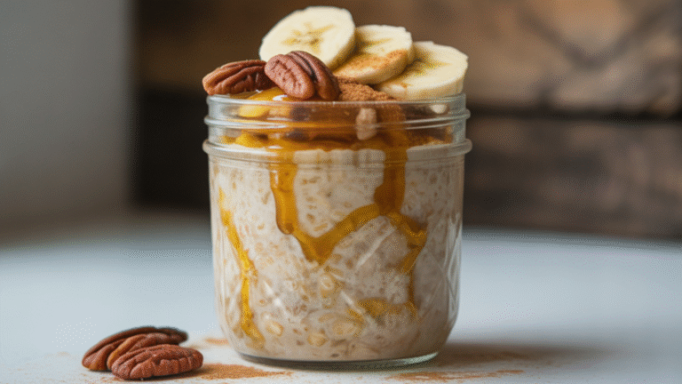 Glass jar filled with creamy pumpkin spice overnight oats topped with banana slices and pecans on a white table.