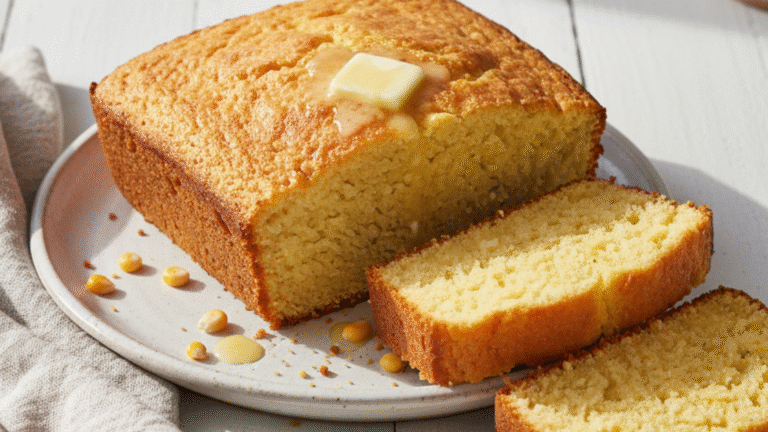 "Golden fluffy Potato Cornbread sliced on a white plate with a pat of melting butter, cozy natural light."