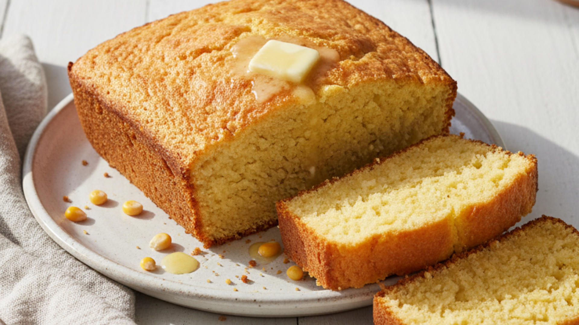 "Golden fluffy Potato Cornbread sliced on a white plate with a pat of melting butter, cozy natural light."