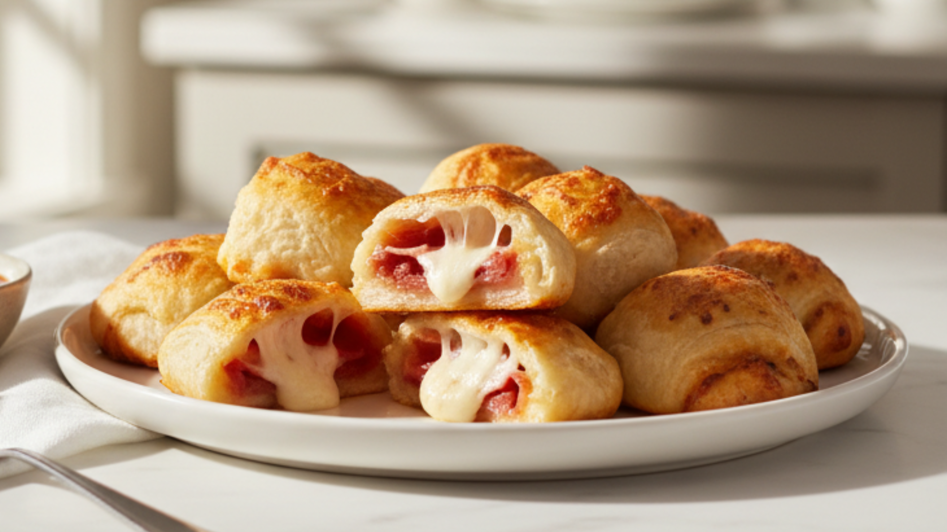 Top-down shot of grilled cheese roll ups neatly arranged on a white plate with marinara sauce in a small bowl