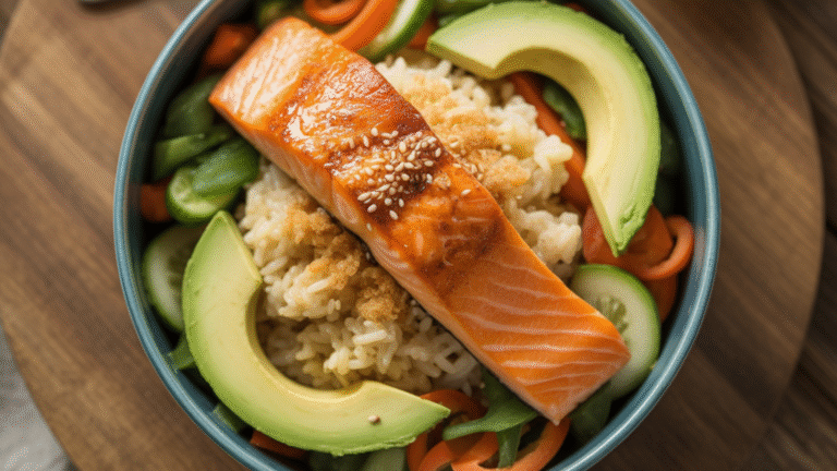Spicy sweet chili salmon bowl topped with avocado slices and fresh herbs”