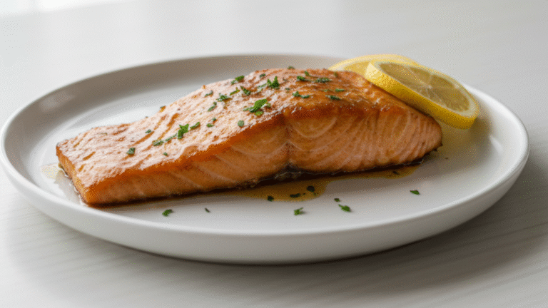 “Sweet and smoky maple bourbon salmon fillet on ceramic plate, served with lemon slices and fresh green herbs, bright minimalist setting.”
