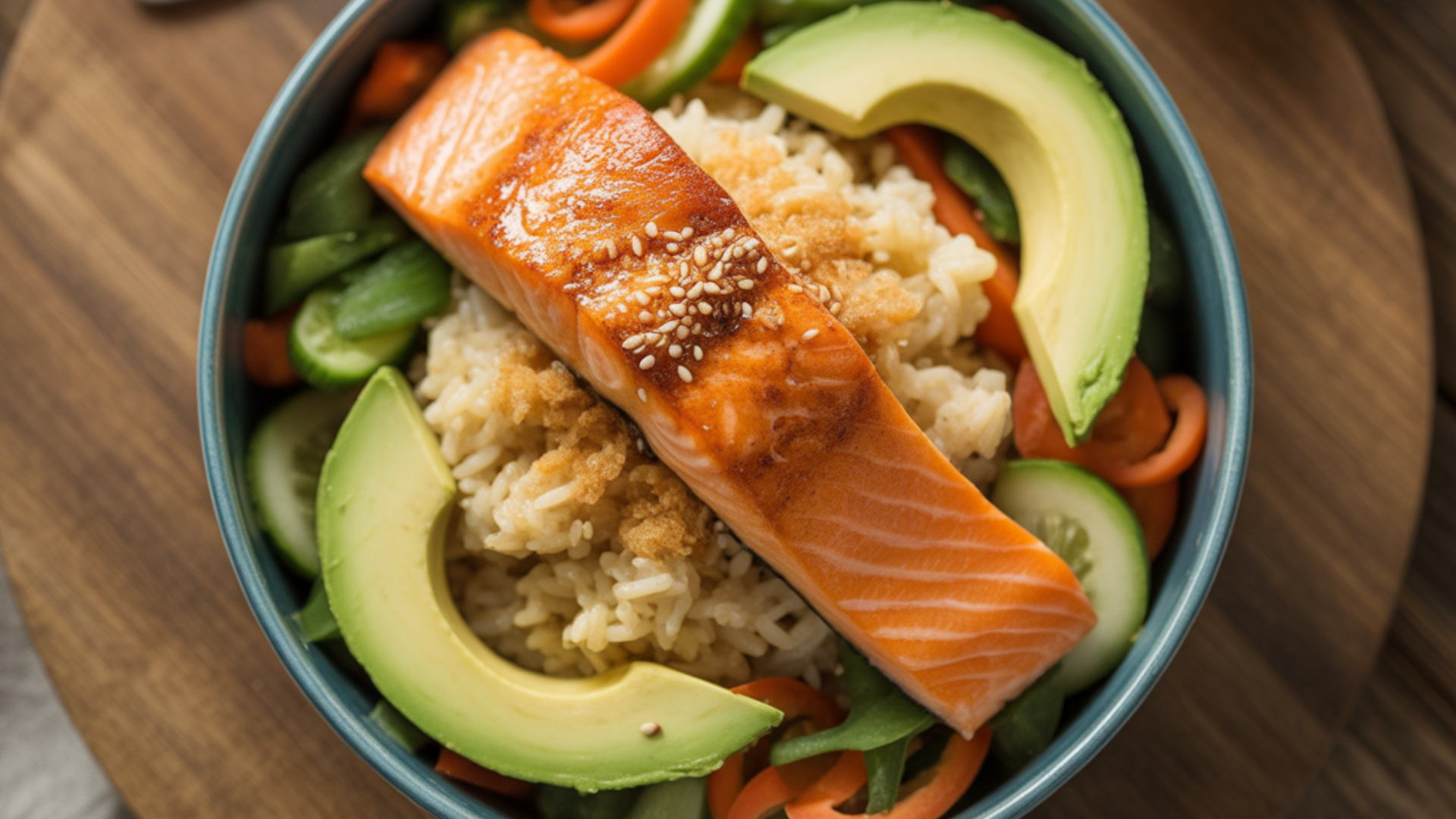 Spicy sweet chili salmon bowl topped with avocado slices and fresh herbs”